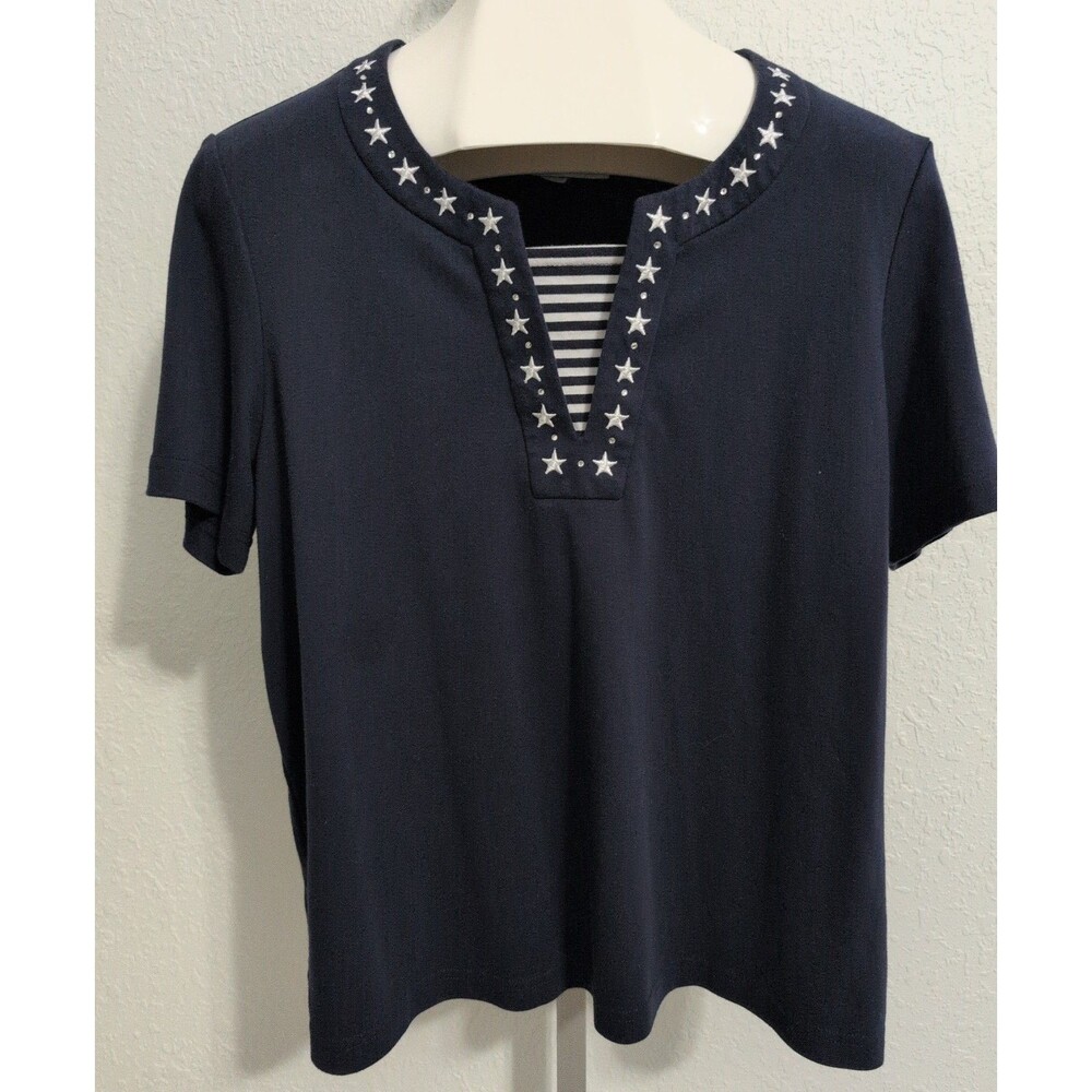 Cathy Daniel's Womens Navy Blue Star Embroidered Nautical Short Sleeve Top XL
